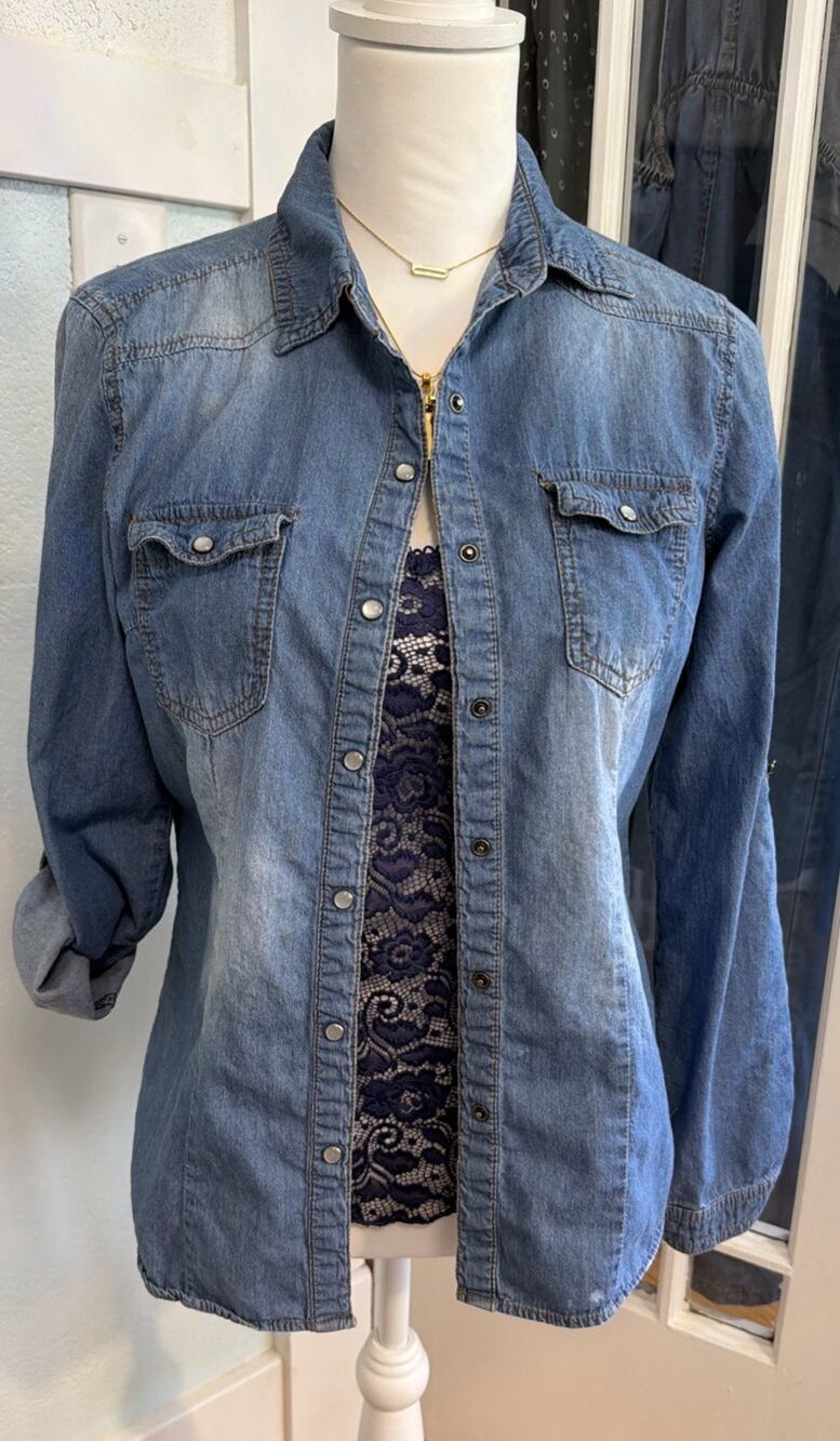 Cavalini Denim Shirt Long Sleeve roll to 3/4 length Pearl Snap Dk Blue Wash S